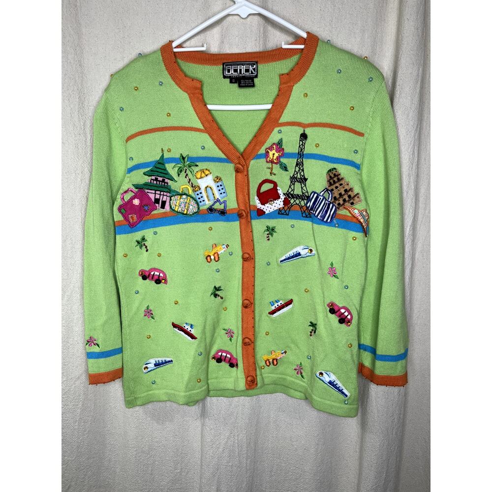 1990s Berek Lime Green World Travel Fashion Glam Maximalist Tourist Cardigan S